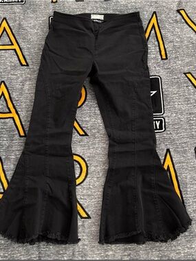 Black Crop Flared Ruffle Hem Pants